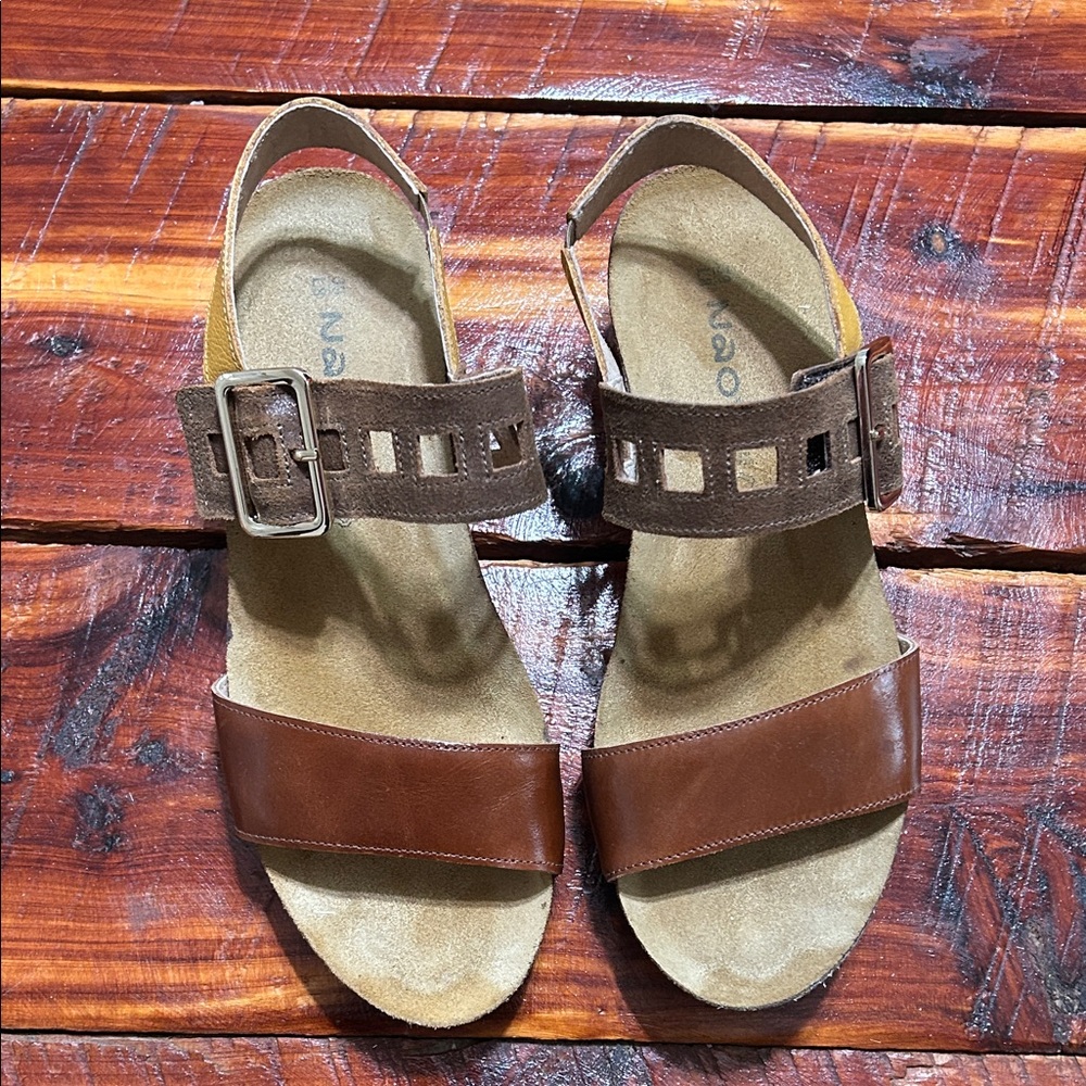 Naot Tan and Brown Suede Two-Strap Sandal with Buckle